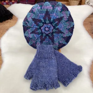 Blue and purple hand-knit fingerless gloves