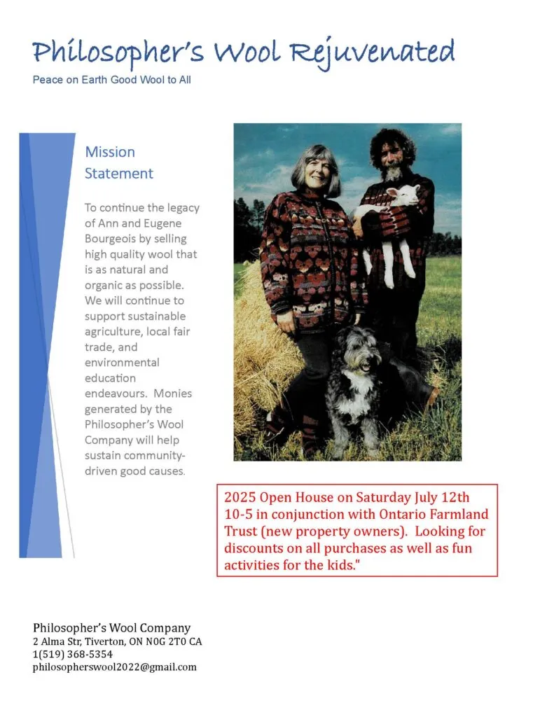 The Philosopher's Wool Rejuvenated mission sheet featuring Ann and Eugene Bourgeois on their farm