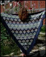 A patterned wool shawl hanging outdoors