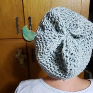 A hand-knit slouch hat in a Philosopher’s Wool colourway