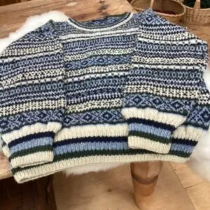 A finished Philosopher’s Wool sweater in a patterned colourway